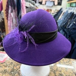 Vintage Mr Charles Purple Wool Hat Feather Wide Brim Dress Church Derby USA